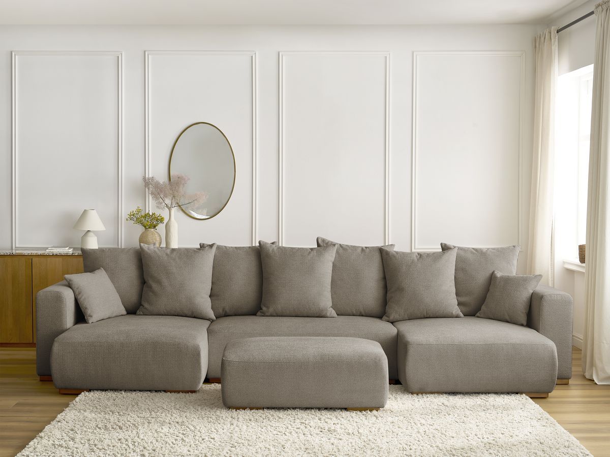 Canapé panoramique convertible coffre SIDONIE chiné avec pouf taupe — vue 5