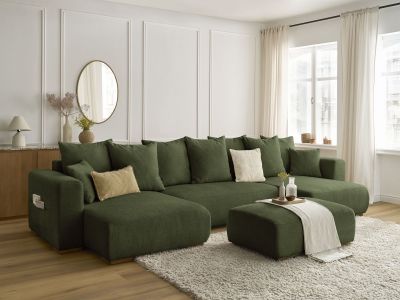 Canapé panoramique convertible coffre SIDONIE tissu chiné avec pouf