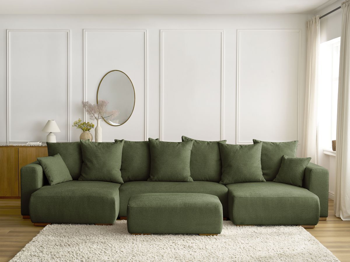 Canapé panoramique convertible coffre SIDONIE chiné avec pouf vert — vue 5