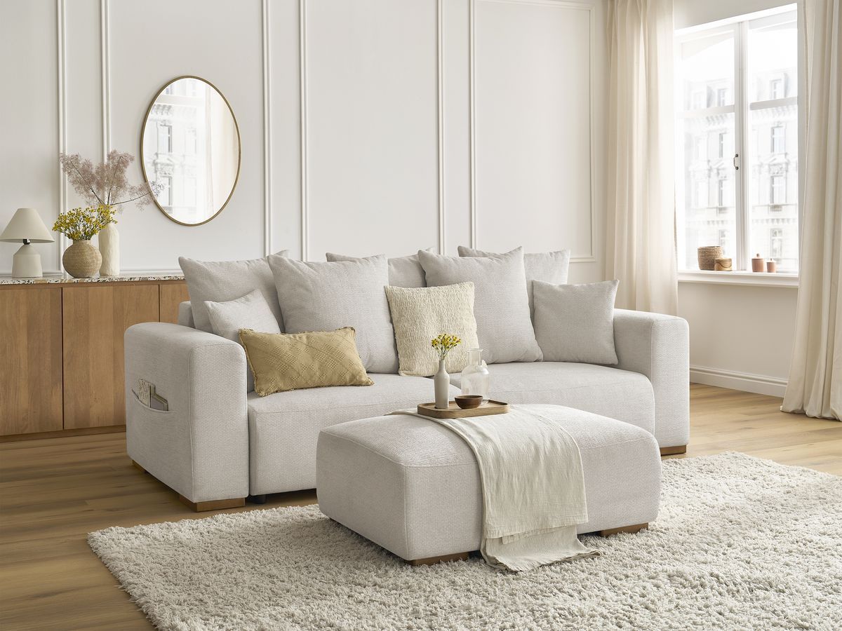 Canapé droit convertible SIDONIE tissu chiné avec pouf