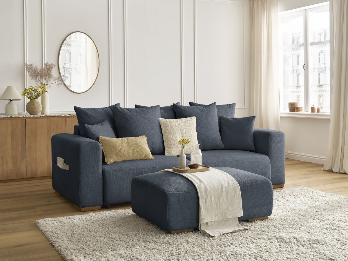 Canapé droit convertible SIDONIE tissu chiné avec pouf