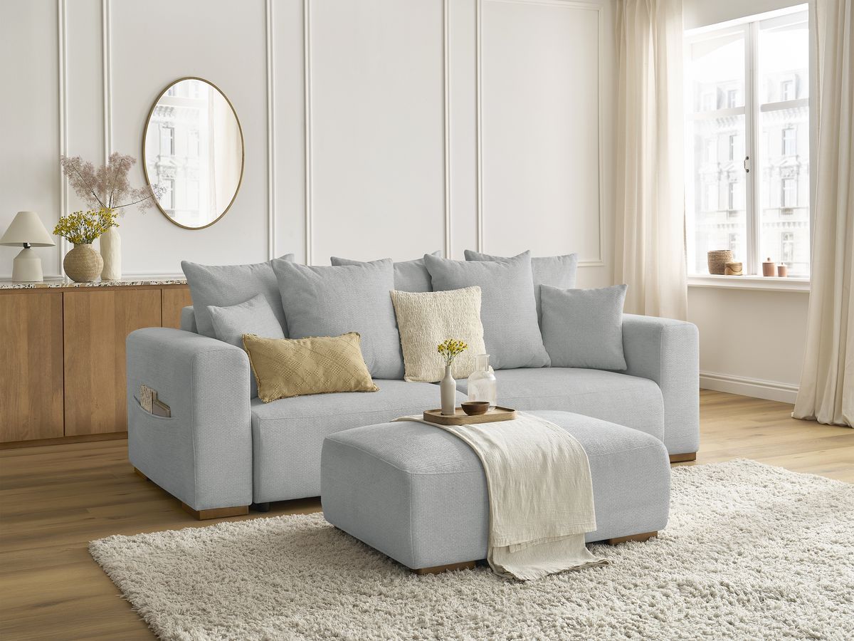 Canapé droit convertible SIDONIE tissu chiné avec pouf