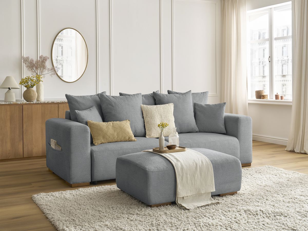 Canapé droit convertible SIDONIE tissu chiné avec pouf
