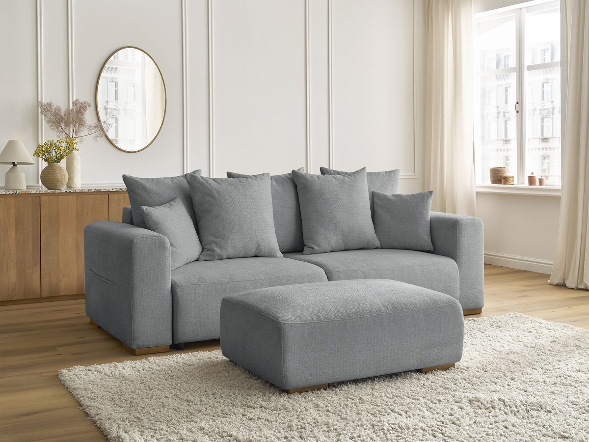Canapé droit convertible SIDONIE tissu chiné avec pouf