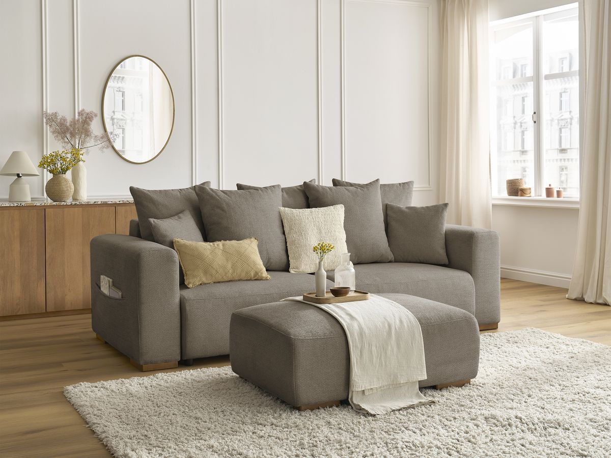 Canapé droit convertible SIDONIE tissu chiné avec pouf
