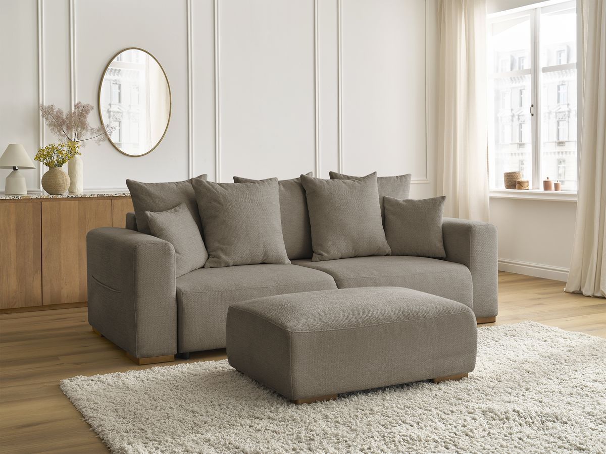 Canapé droit convertible SIDONIE tissu chiné avec pouf