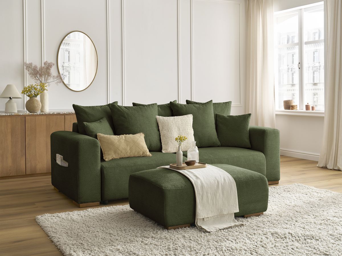 Canapé droit convertible SIDONIE tissu chiné avec pouf