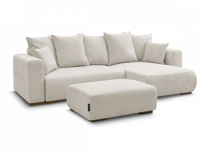 Canapé d'angle convertible réversible coffre SIDONIE tissu chiné avec pouf