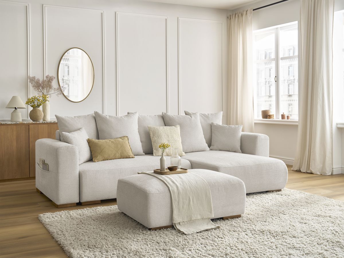 Canapé d'angle convertible réversible coffre SIDONIE tissu chiné avec pouf