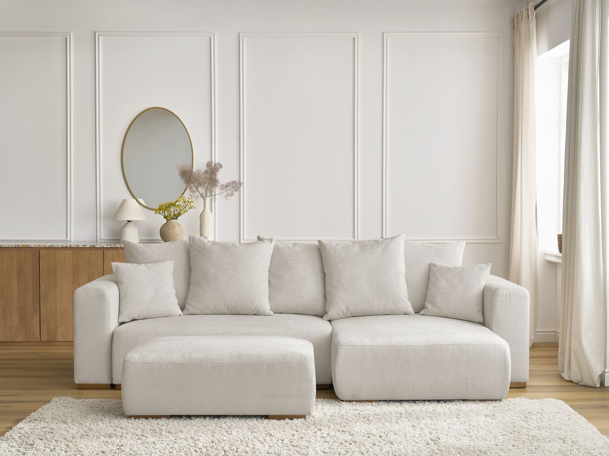 Canapé d'angle convertible réversible coffre SIDONIE chiné avec pouf beige — vue 5