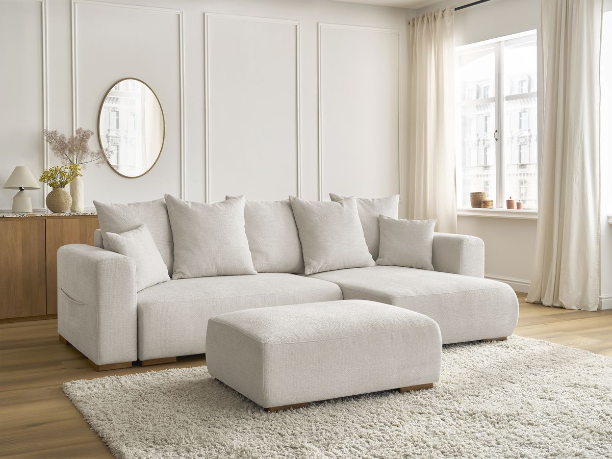 Canapé d'angle convertible réversible coffre SIDONIE tissu chiné avec pouf