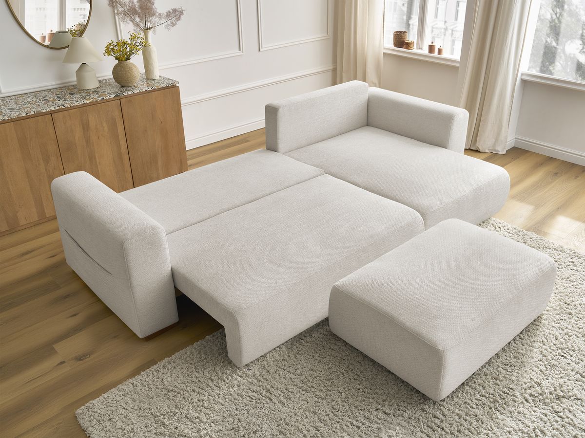 Canapé d'angle convertible réversible coffre SIDONIE tissu chiné avec pouf