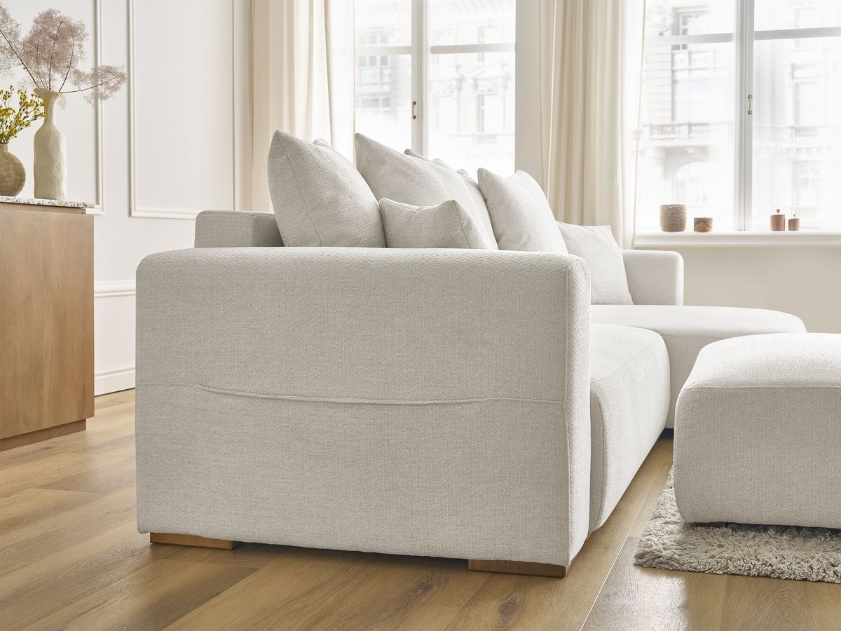 Canapé d'angle convertible réversible coffre SIDONIE tissu chiné avec pouf