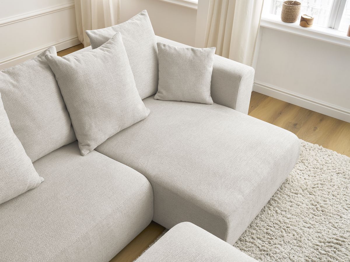 Canapé d'angle convertible réversible coffre SIDONIE tissu chiné avec pouf