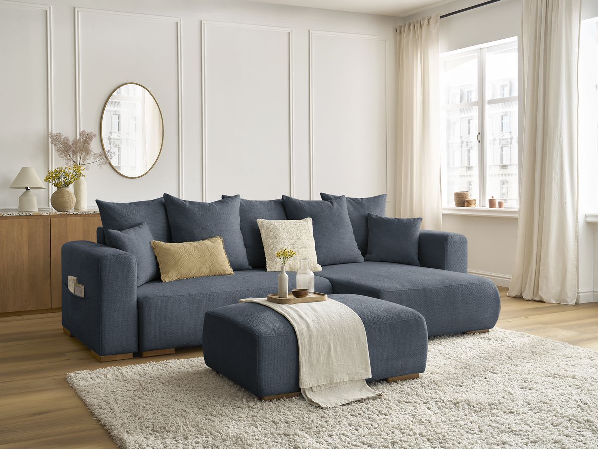 Canapé d'angle convertible réversible coffre SIDONIE tissu chiné avec pouf