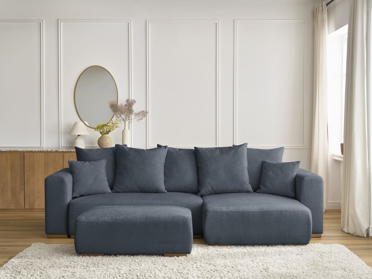 Canapé d'angle convertible réversible coffre SIDONIE chiné avec pouf bleu foncé — vue 5