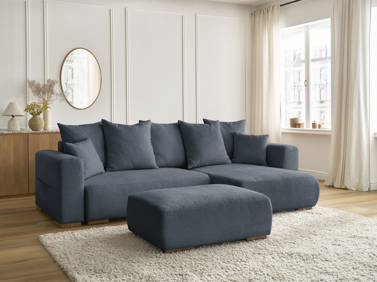 Canapé d'angle convertible réversible coffre SIDONIE tissu chiné avec pouf