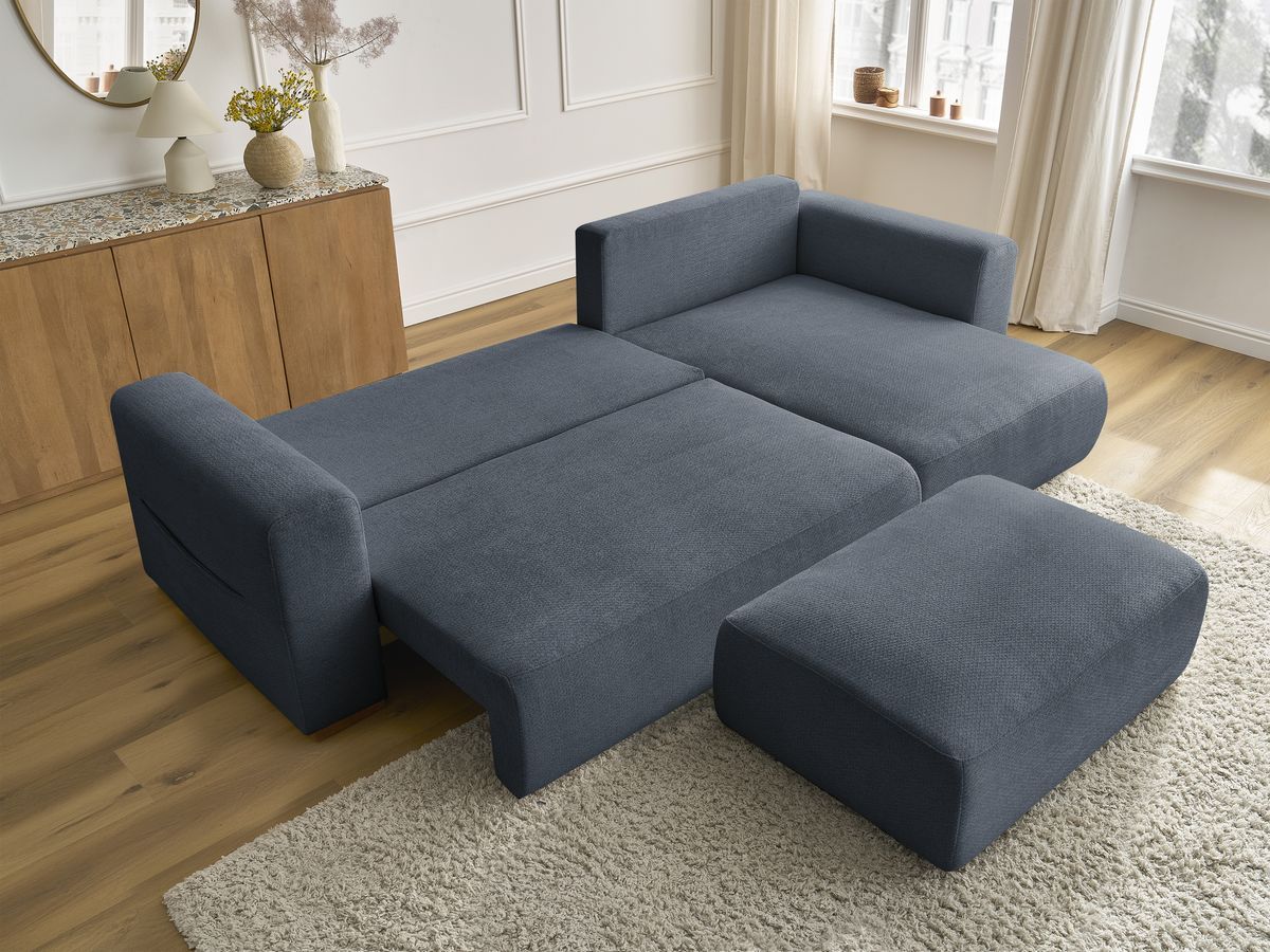 Canapé d'angle convertible réversible coffre SIDONIE tissu chiné avec pouf