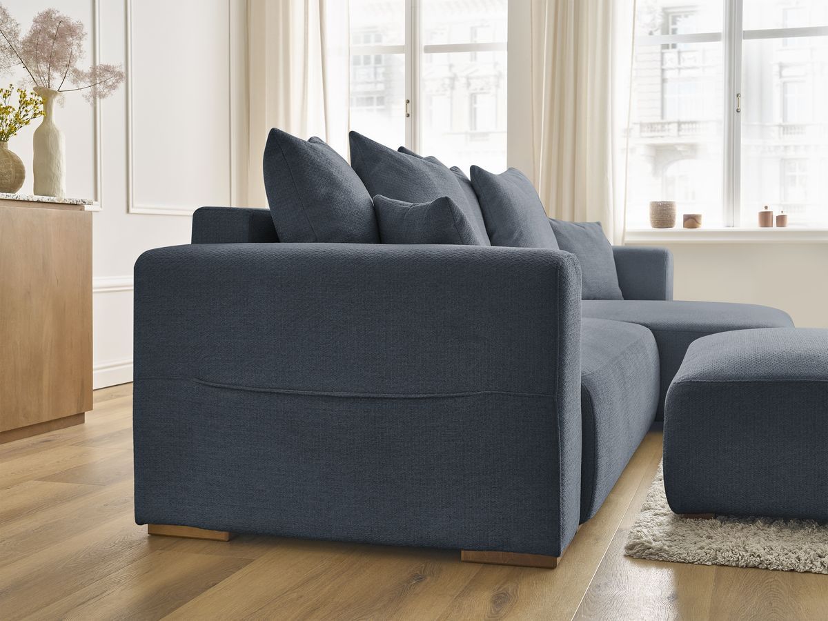 Canapé d'angle convertible réversible coffre SIDONIE tissu chiné avec pouf