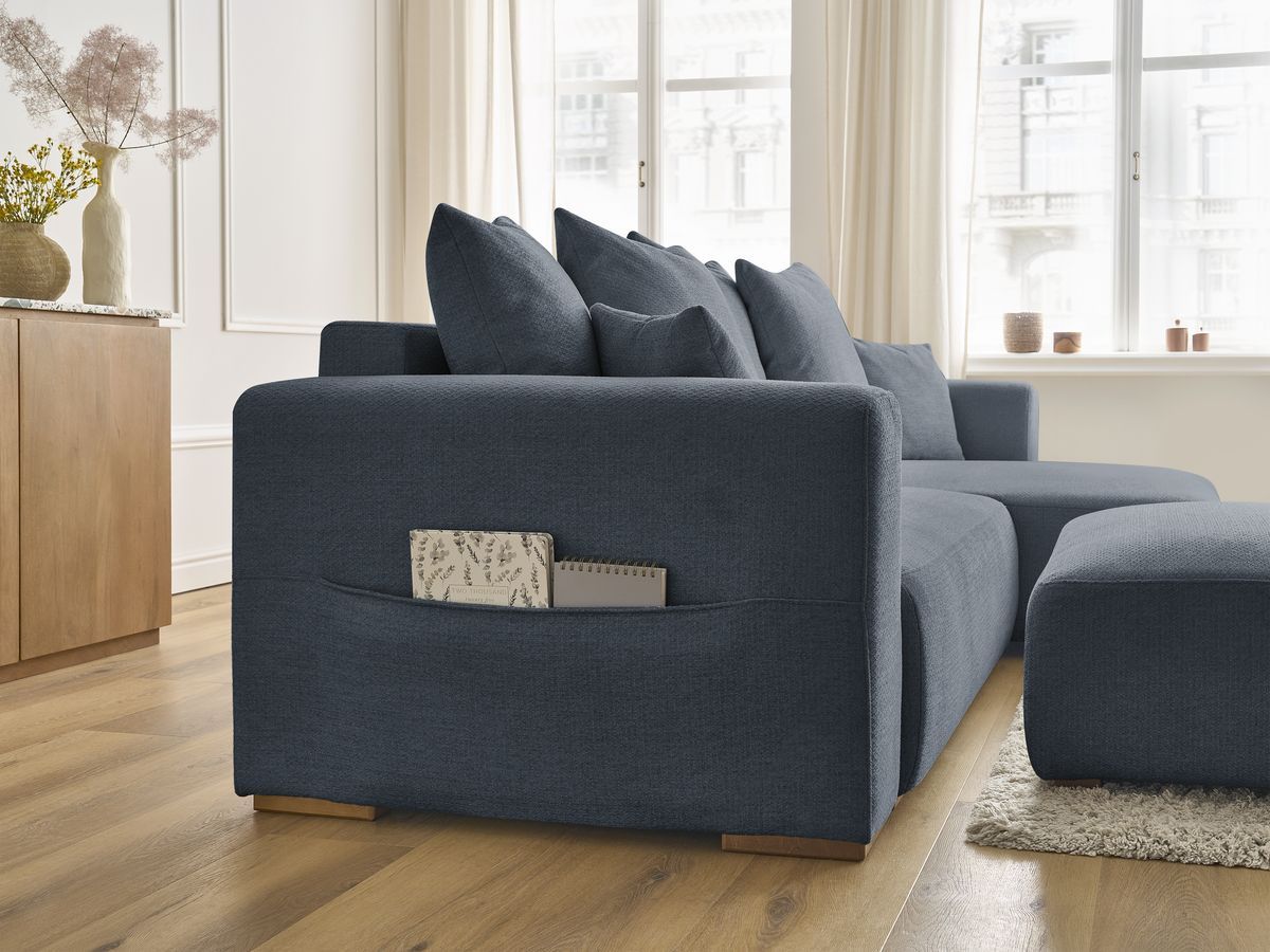 Canapé d'angle convertible réversible coffre SIDONIE tissu chiné avec pouf