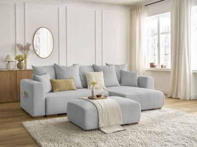Canapé d'angle convertible réversible coffre SIDONIE tissu chiné avec pouf