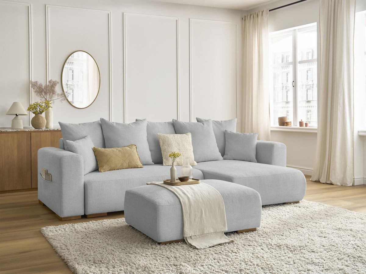 Canapé d'angle convertible réversible coffre SIDONIE tissu chiné avec pouf