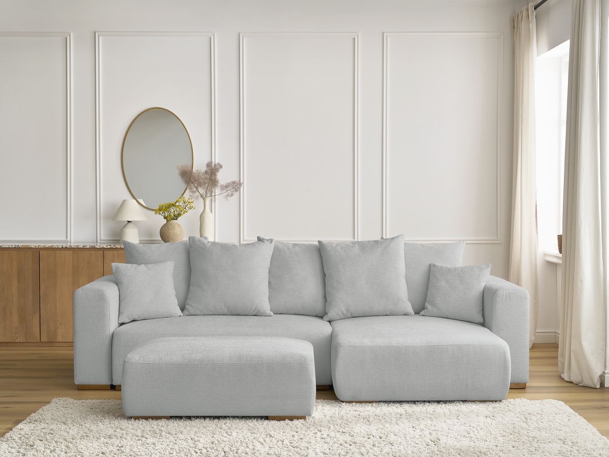 Canapé d'angle convertible réversible coffre SIDONIE chiné avec pouf gris clair — vue 5