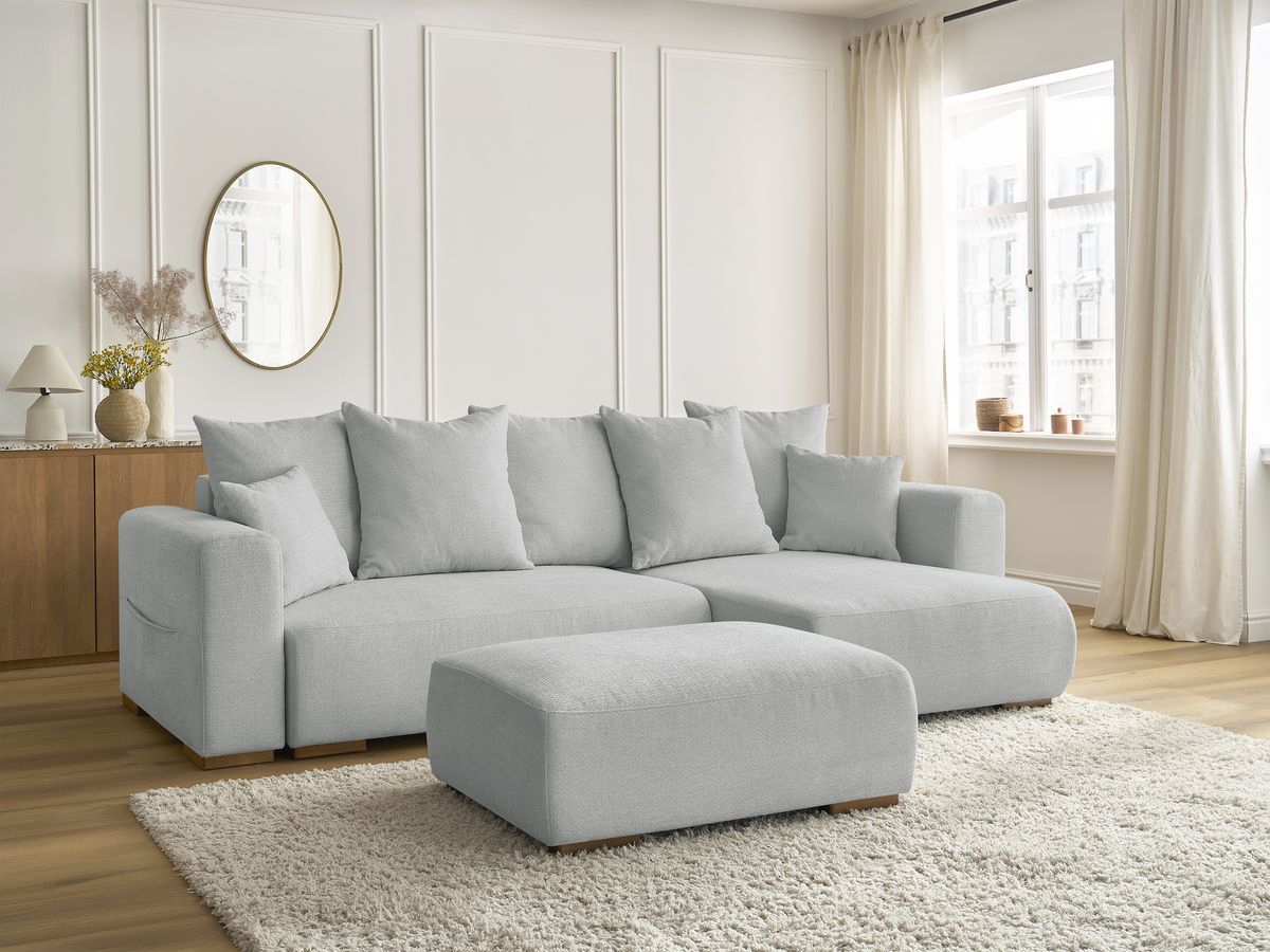 Canapé d'angle convertible réversible coffre SIDONIE tissu chiné avec pouf
