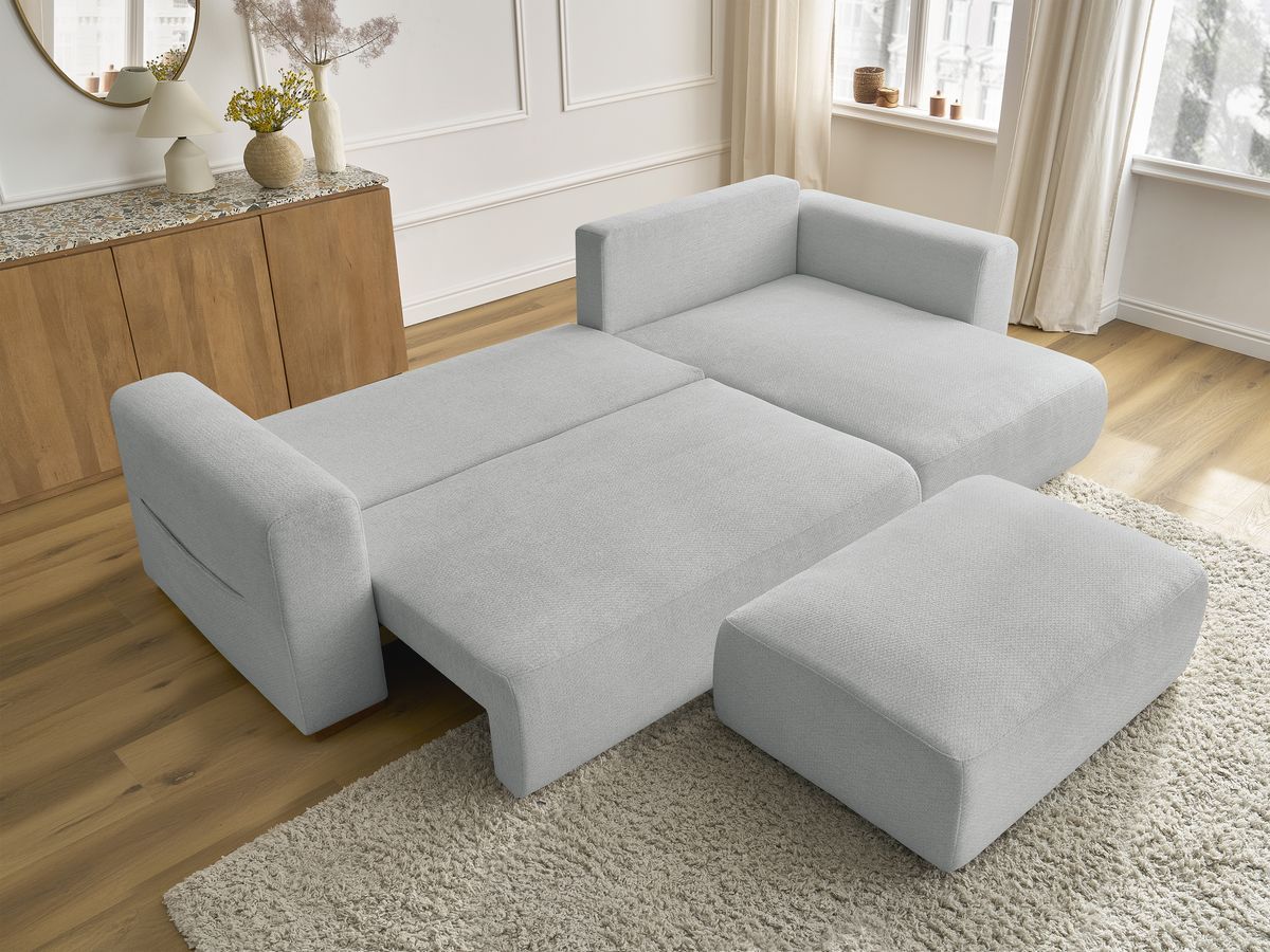 Canapé d'angle convertible réversible coffre SIDONIE tissu chiné avec pouf