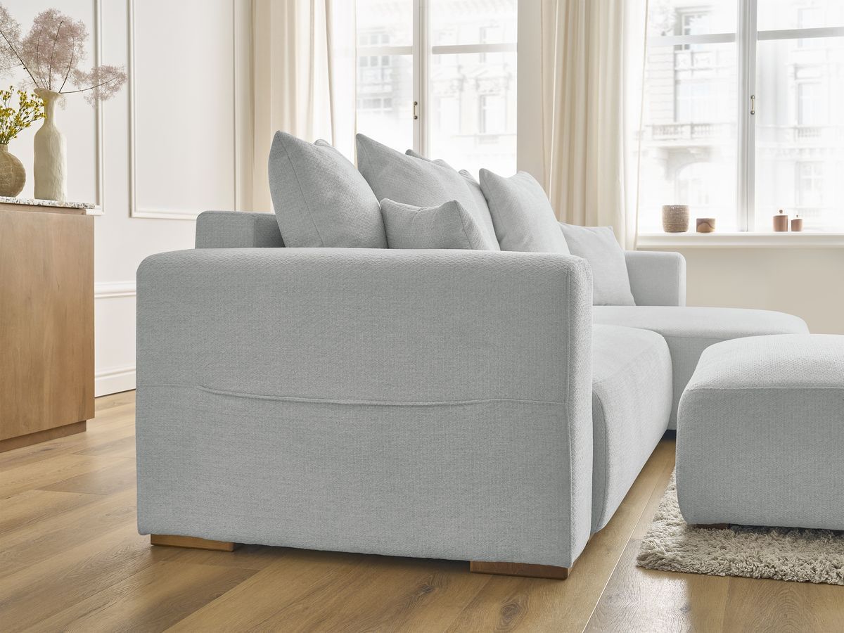 Canapé d'angle convertible réversible coffre SIDONIE tissu chiné avec pouf