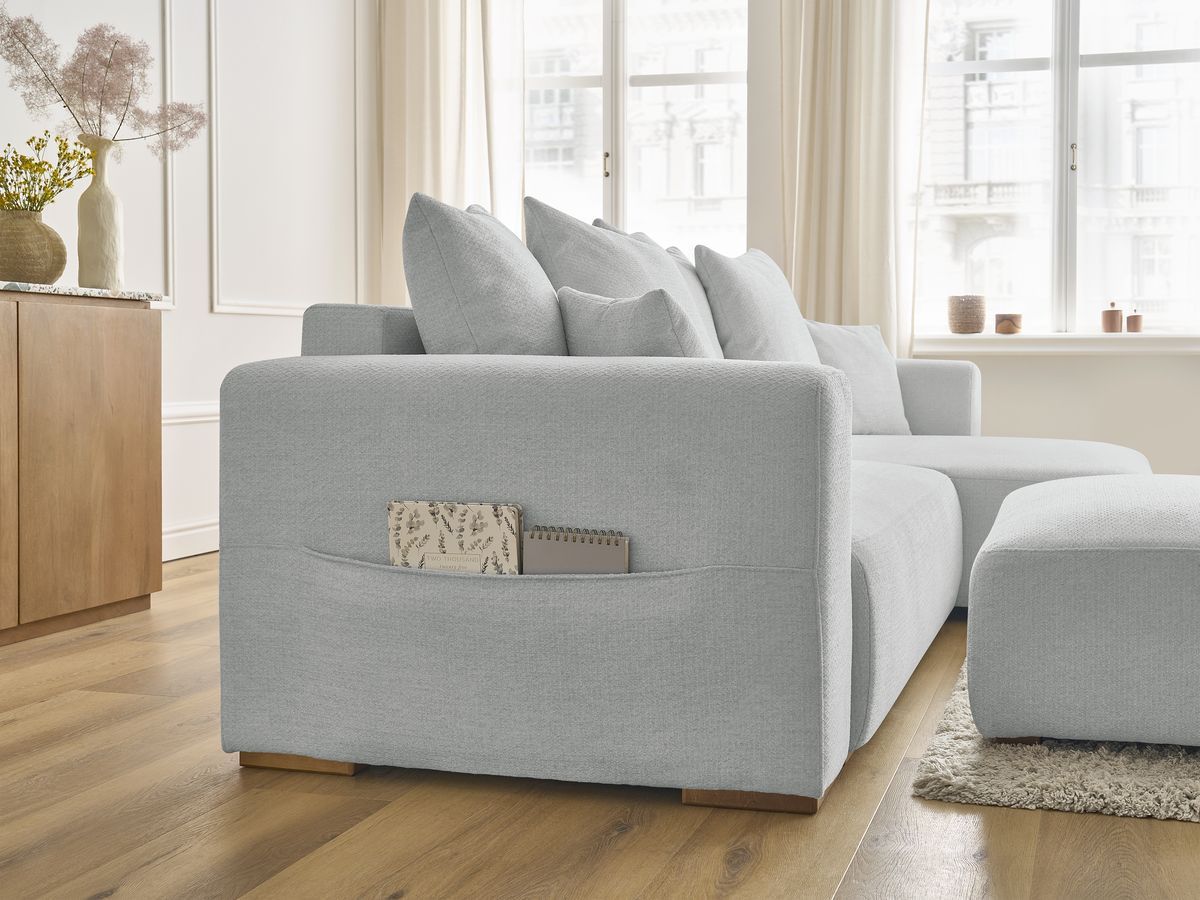 Canapé d'angle convertible réversible coffre SIDONIE tissu chiné avec pouf