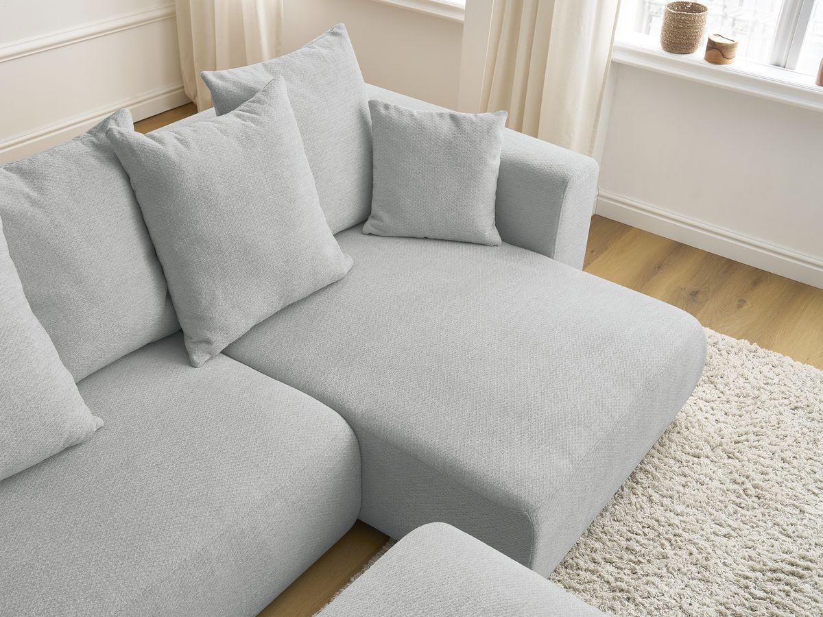 Canapé d'angle convertible réversible coffre SIDONIE tissu chiné avec pouf
