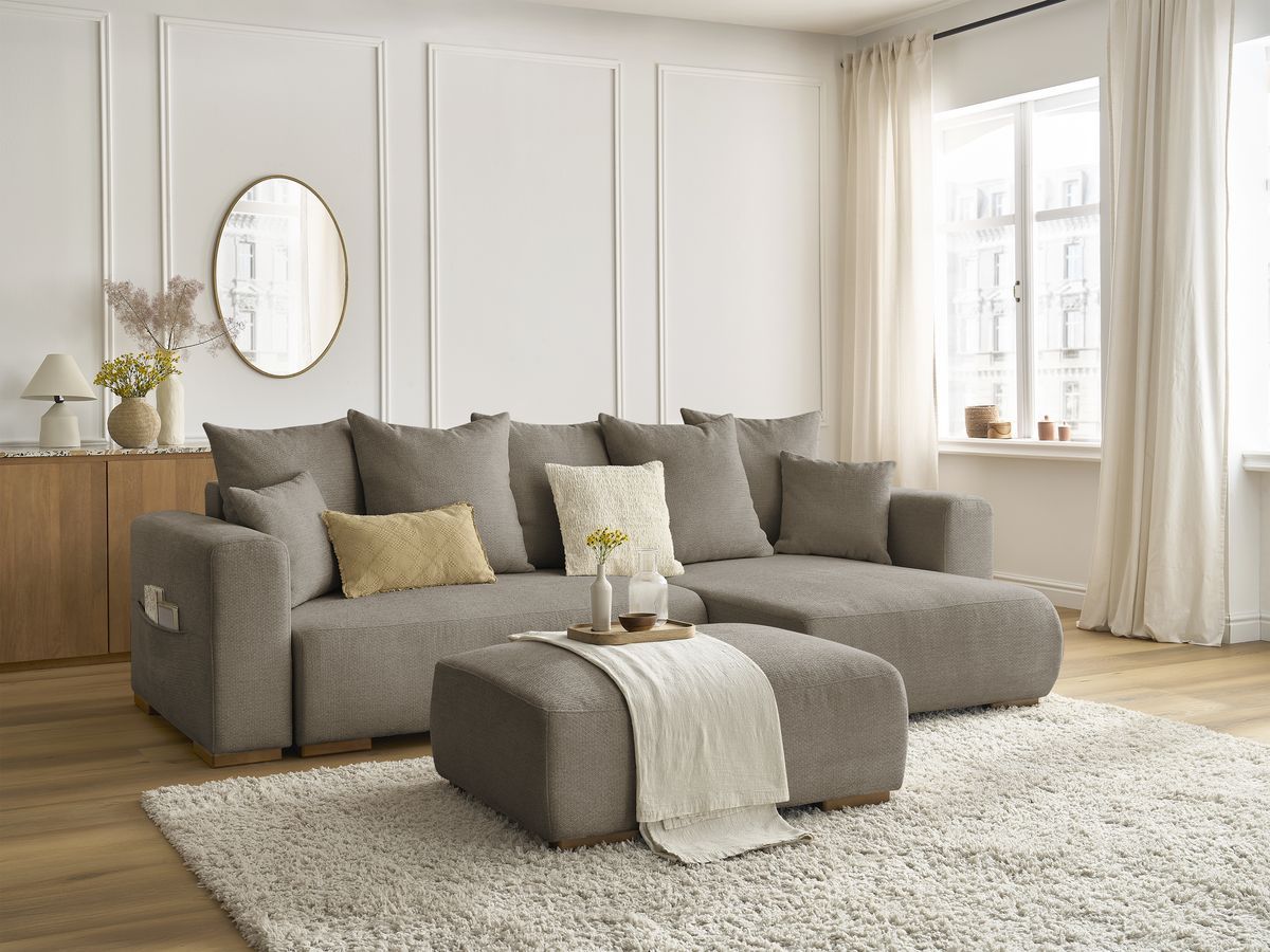 Canapé d'angle convertible réversible coffre SIDONIE tissu chiné avec pouf