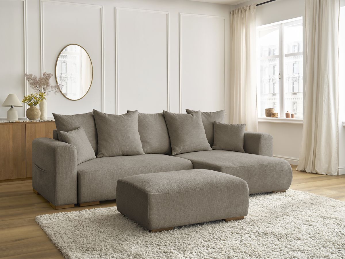 Canapé d'angle convertible réversible coffre SIDONIE tissu chiné avec pouf
