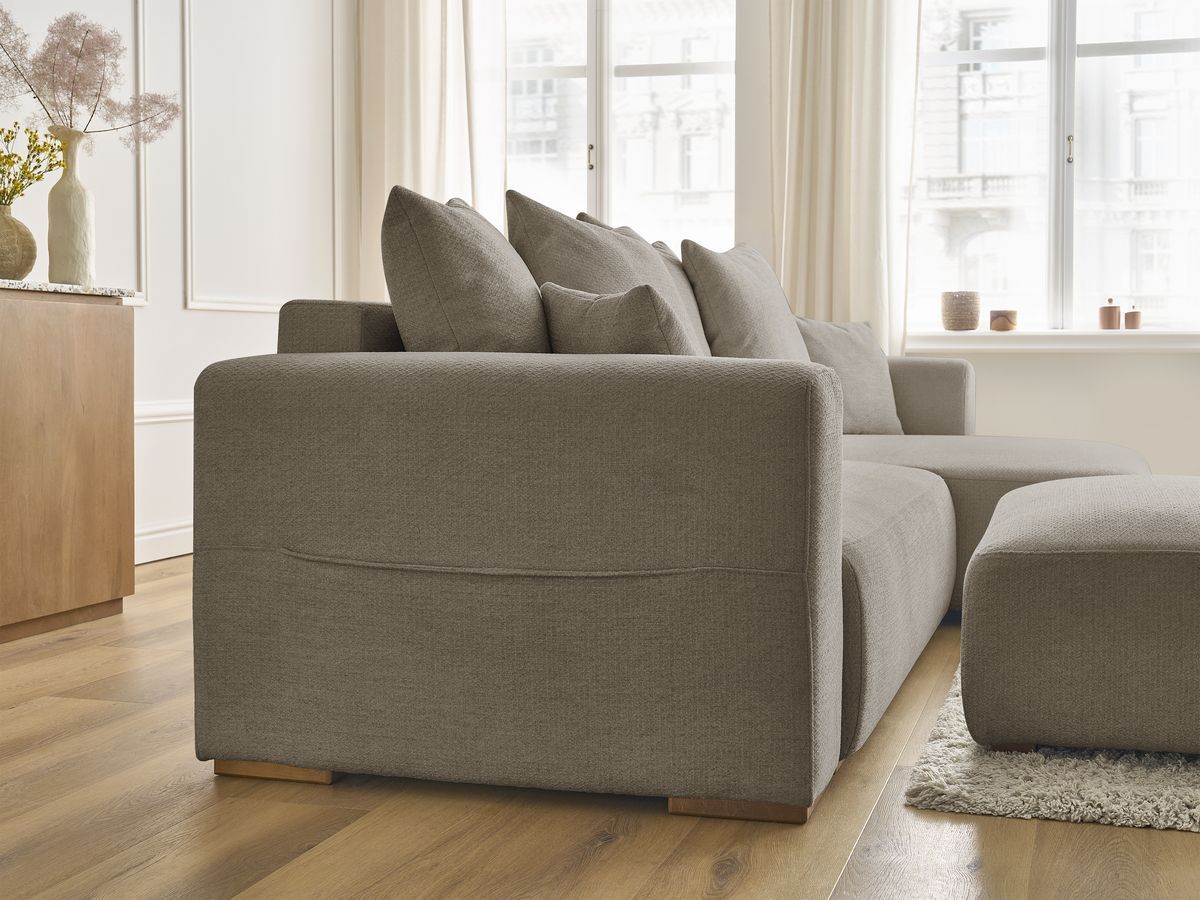 Canapé d'angle convertible réversible coffre SIDONIE tissu chiné avec pouf