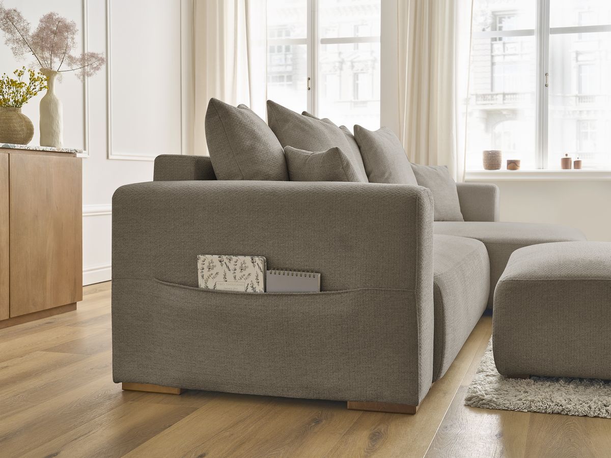 Canapé d'angle convertible réversible coffre SIDONIE tissu chiné avec pouf
