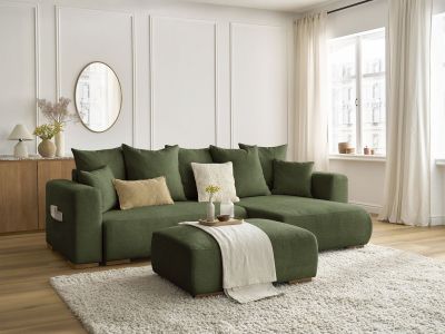 Canapé d'angle convertible réversible coffre SIDONIE tissu chiné avec pouf