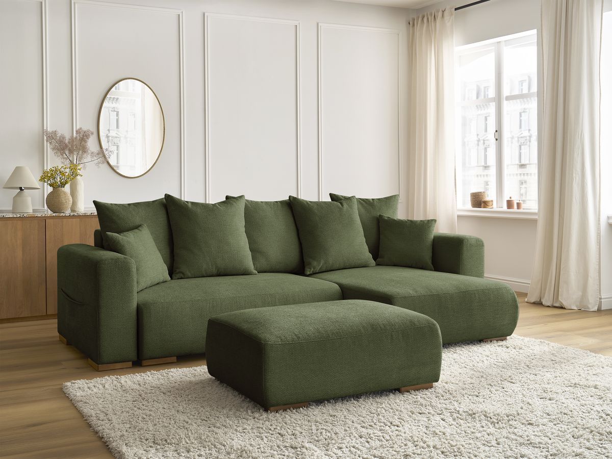 Canapé d'angle convertible réversible coffre SIDONIE tissu chiné avec pouf