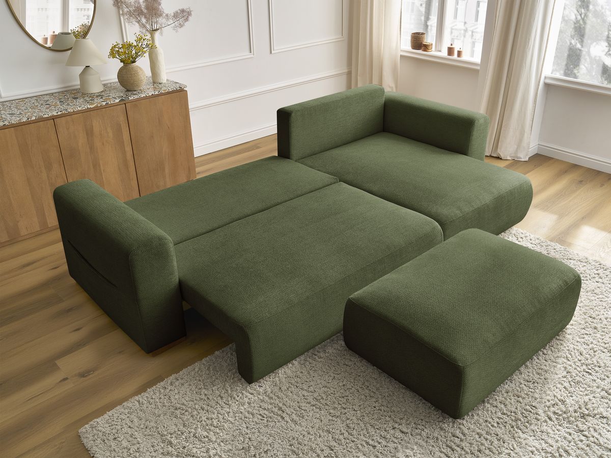 Canapé d'angle convertible réversible coffre SIDONIE tissu chiné avec pouf