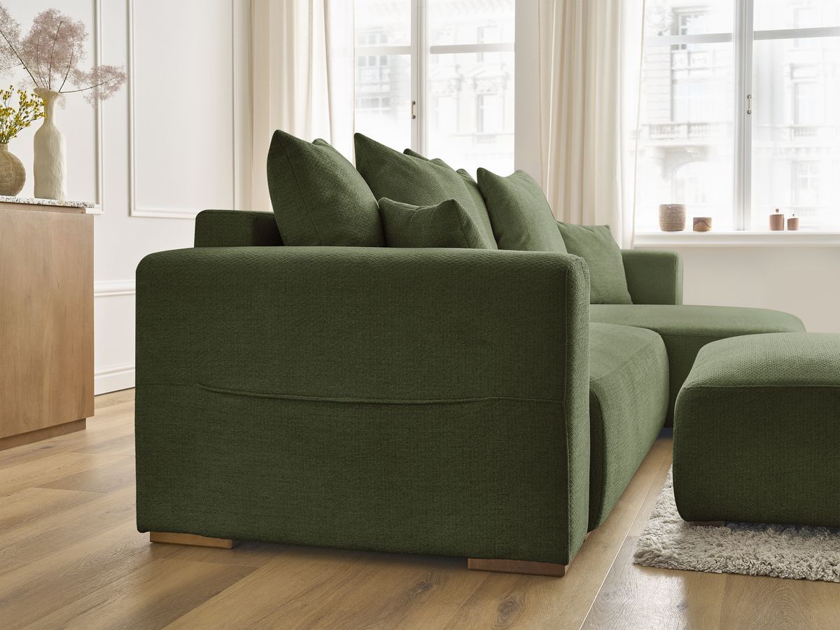 Canapé d'angle convertible réversible coffre SIDONIE tissu chiné avec pouf