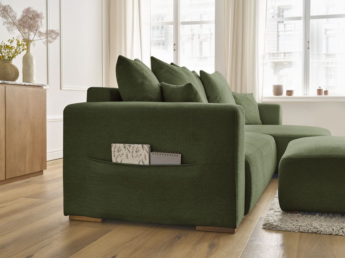 Canapé d'angle convertible réversible coffre SIDONIE tissu chiné avec pouf