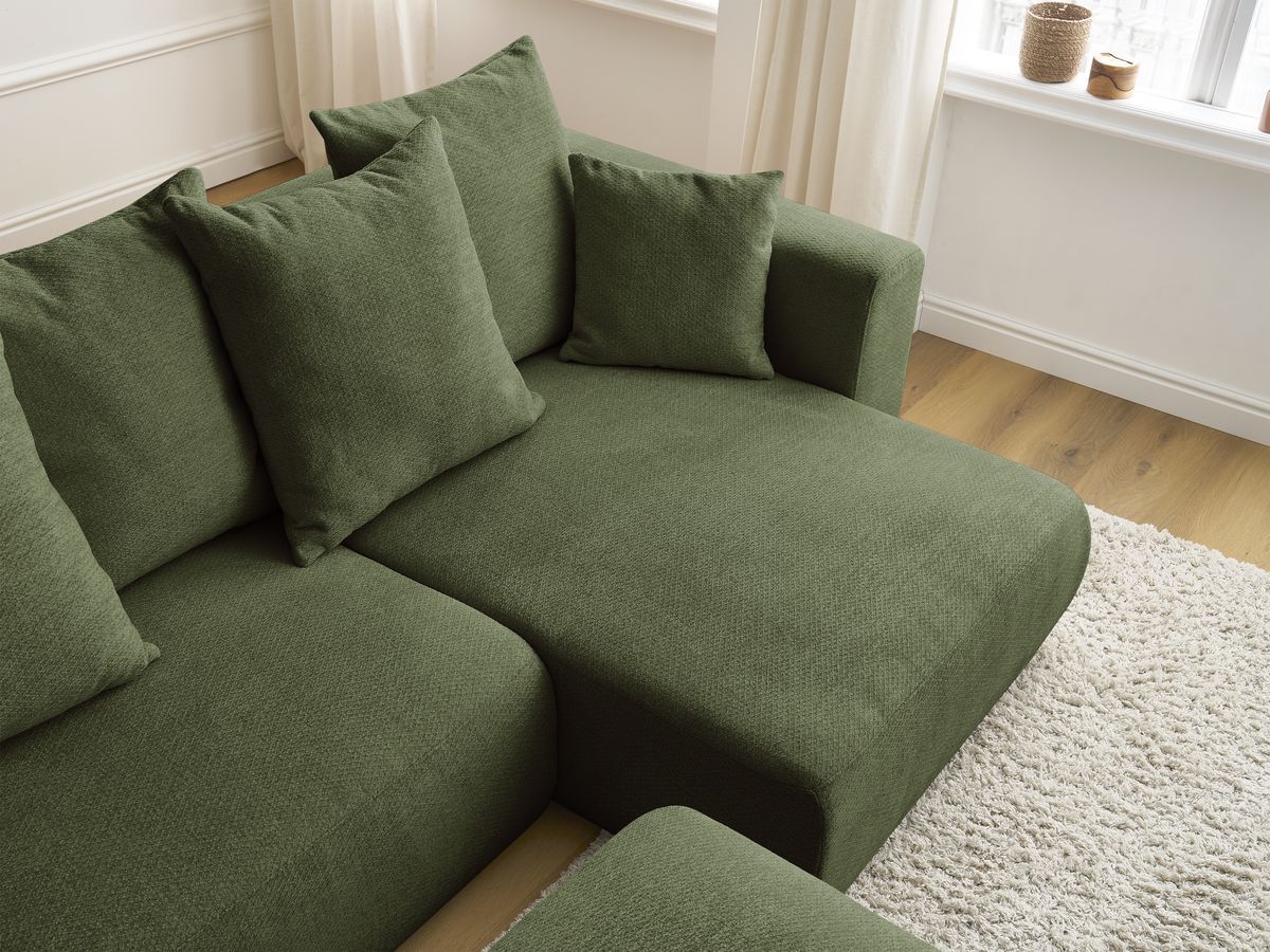Canapé d'angle convertible réversible coffre SIDONIE tissu chiné avec pouf