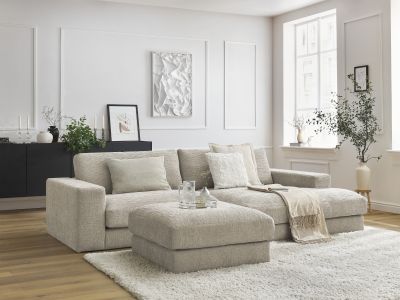 Canapé d'angle fixe compact LEONARD tissu texturé avec pouf
