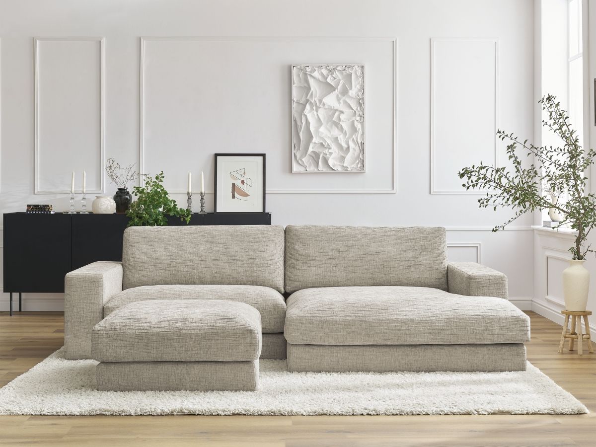 Canapé d'angle fixe compact LEONARD tissu texturé avec pouf beige  angle droit BOBOCHIC 4 places - Vue supplémentaire 2