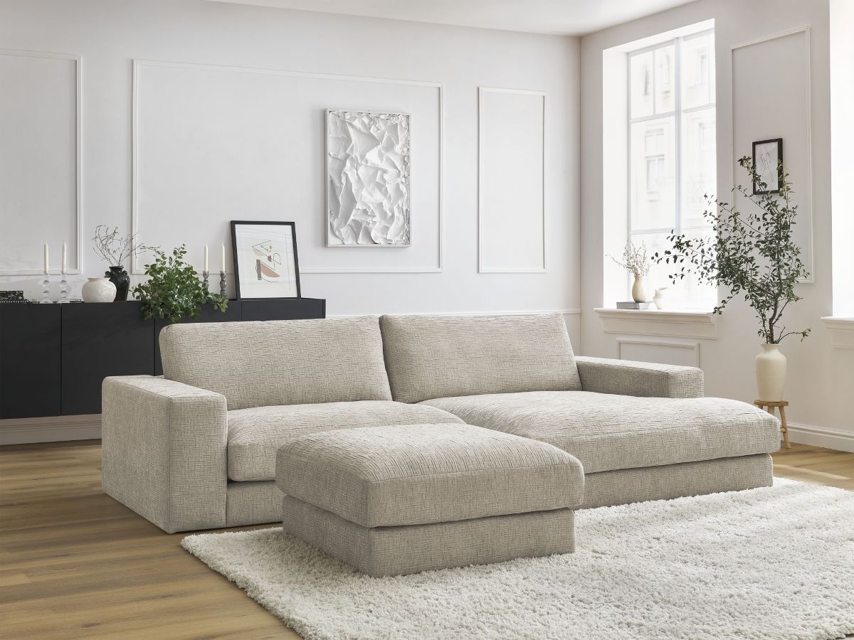 Canapé d'angle fixe compact LEONARD tissu texturé avec pouf beige  angle droit BOBOCHIC 4 places - Vue supplémentaire 3