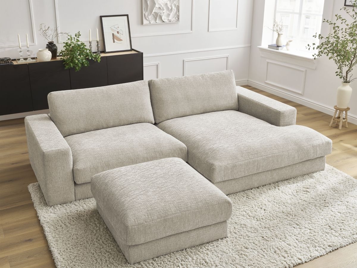 Canapé d'angle fixe compact LEONARD tissu texturé avec pouf