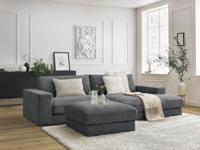 Canapé d'angle fixe compact LEONARD tissu texturé avec pouf