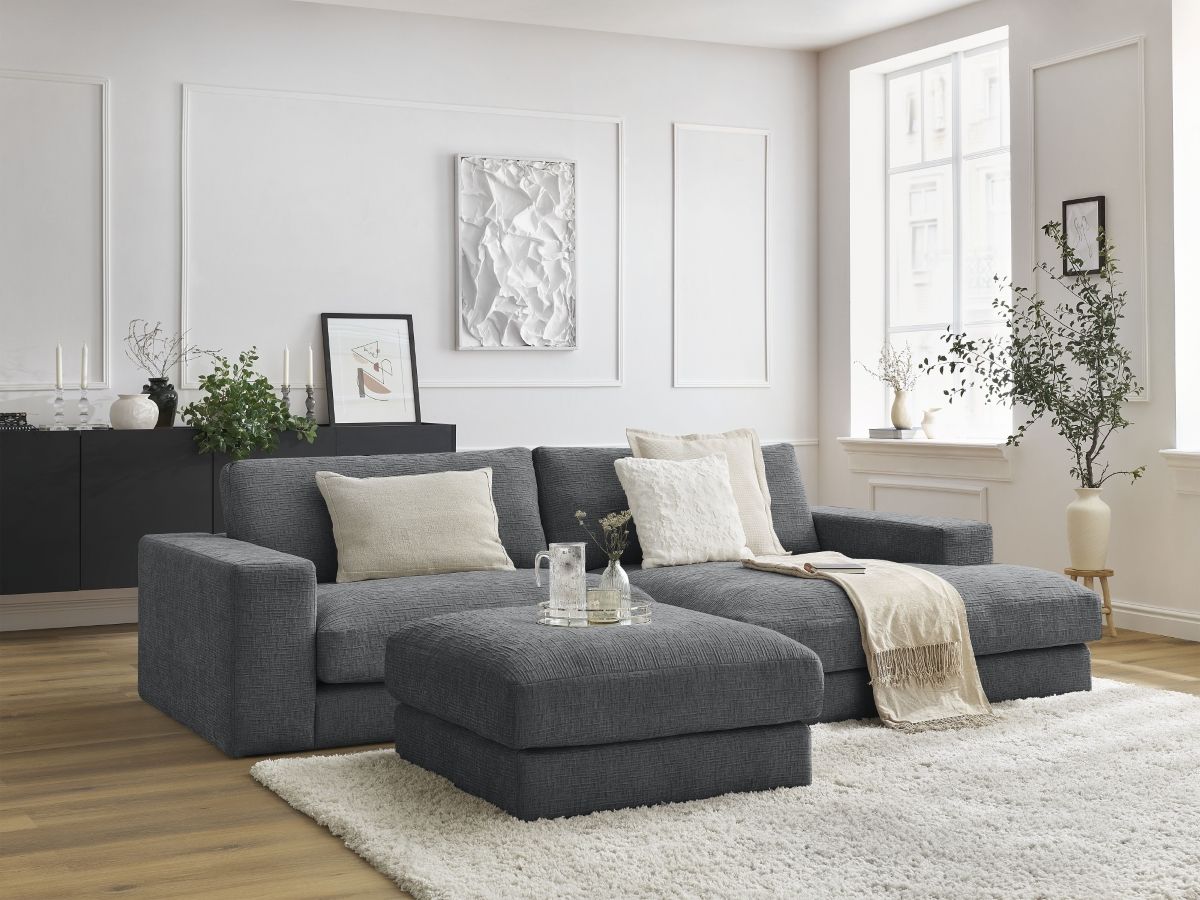 Canapé d'angle fixe compact LEONARD tissu texturé avec pouf