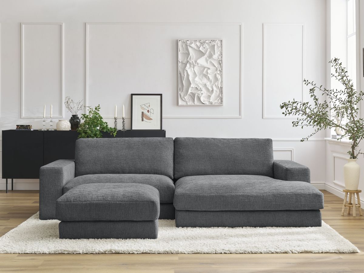 Canapé d'angle fixe compact LEONARD tissu texturé avec pouf gris foncé  angle droit BOBOCHIC 4 places - Vue supplémentaire 2