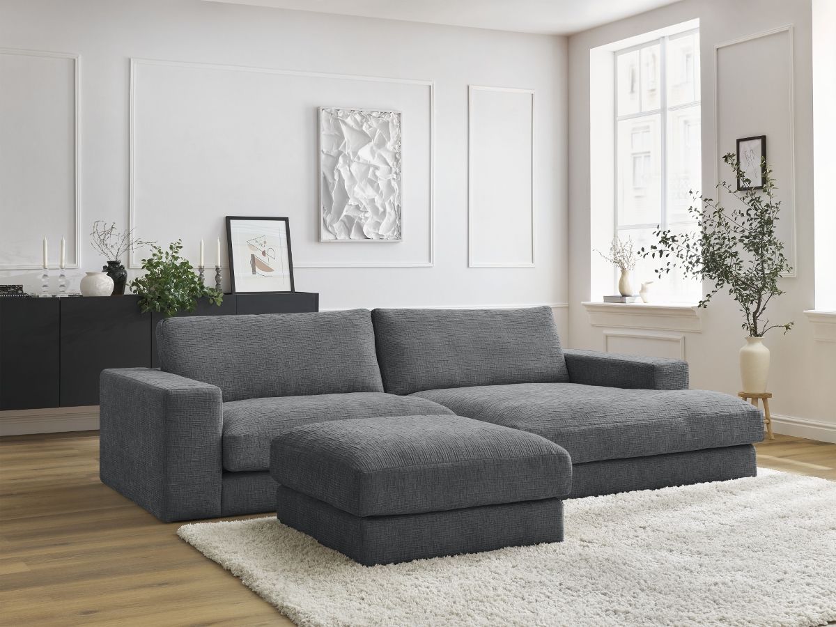Canapé d'angle fixe compact LEONARD tissu texturé avec pouf gris foncé  angle droit BOBOCHIC 4 places - Vue supplémentaire 3